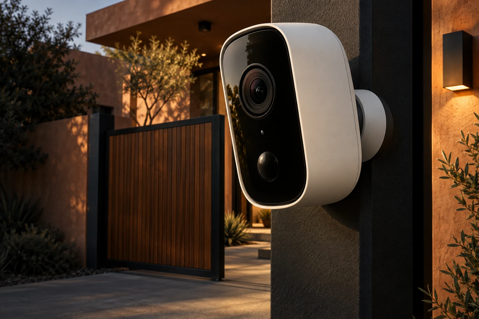Concept security camera at a warm modern home entrance